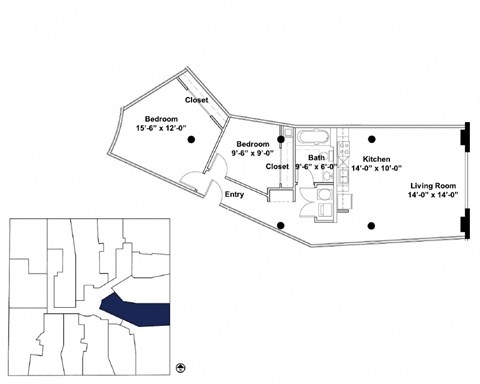 Floor plan for 2 beds, 1 bath, 1075 sqft